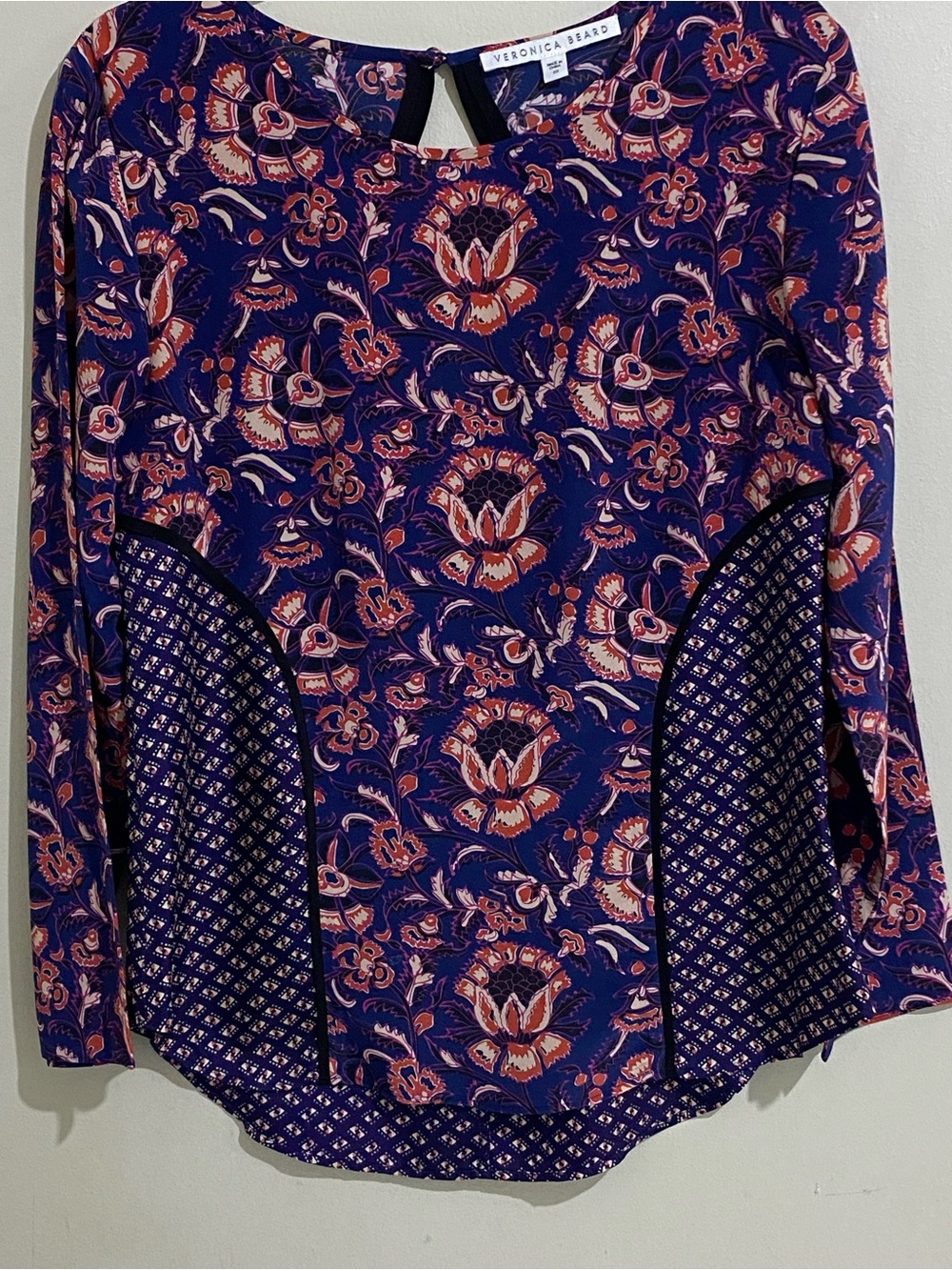 Veronica Beard Silk Size 10 Boho Floral Mix-Print Blouse in Navy Long Sleeve